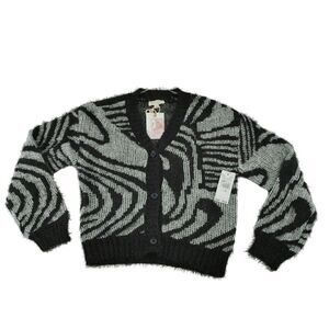 Jessica Simpson Zebra Fuzzy Knit Cardigan Button-Up Sweater Black & Gray Size‎ L